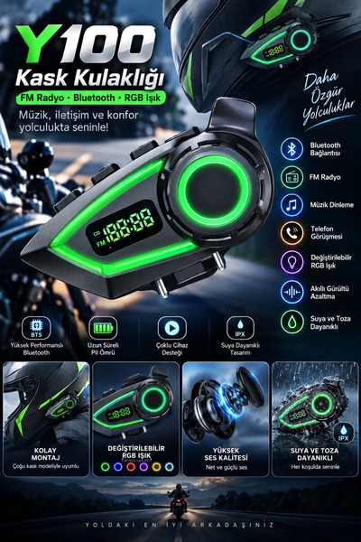 TECHNOMEN Bluetooth Motosiklet Kask Kulaklığı FM Radyo RGB Işık Telefon Görüş...