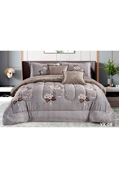 Moon Nefren Velvet and Fur Elegant Floral and Leaf Patterned Bedspread 6 Piec...