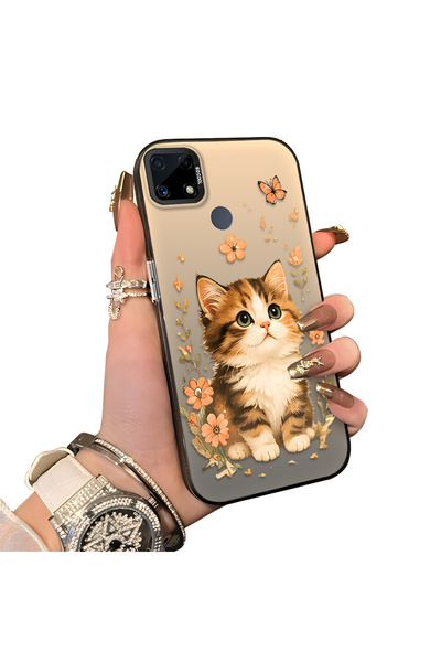 Hontinga Realme C25S Compatible Silicone Edge Hard Back Case Cat Pattern Love...