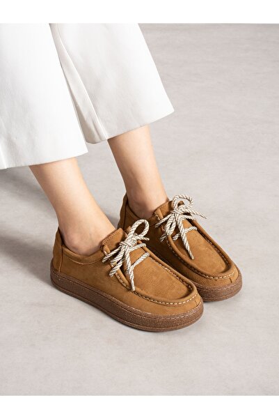 ALEMDAR AYAKKABI Aveli̇ne Tan Genuine Leather Lace-Up Women's Shoes