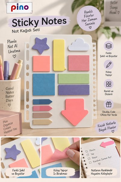 EVENT Pino Sticky Notes Assorted Shaped Adhesive Note Paper Set – Colorful Note Holder