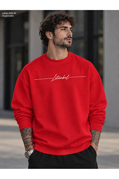 caddekombin Men's Istanbul Handwritten Striped Typographic Printed Crew Neck ...
