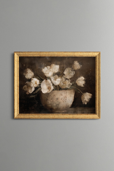 epiqart White Tulips - Vintage Patterned Painting - Fine Model