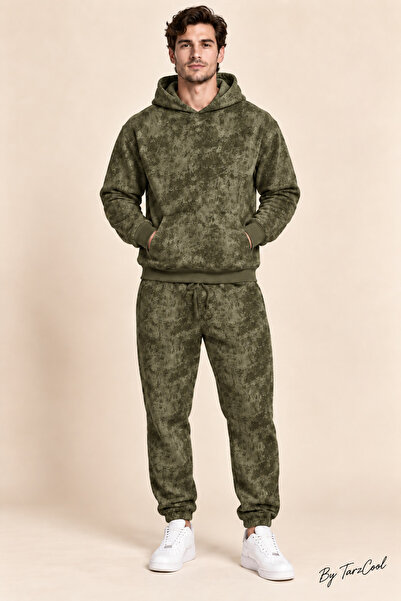 Tarz Cool Men's Marble Patterned 3 Thread Regular Hooded Tracksuit Set