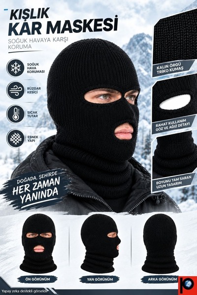 vedat paker giyim sanayi Unisex Μαύρη Χειμερινή Μάσκα Χιονιού Τριών Μερών Πλε...