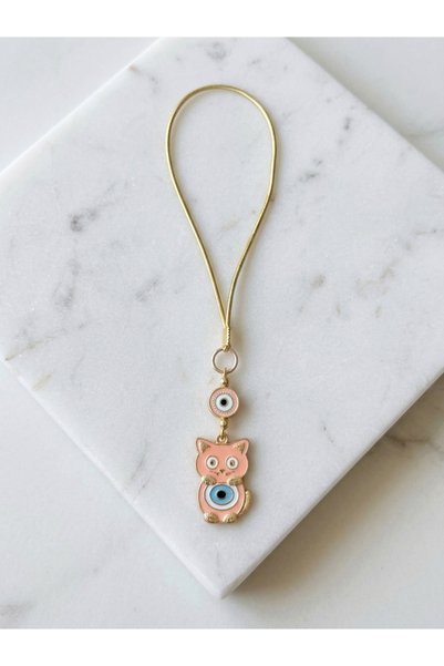 Azrua Gilded Pink Cat Metal Evil Eye Beaded Car Mirror Ornament Car Charm