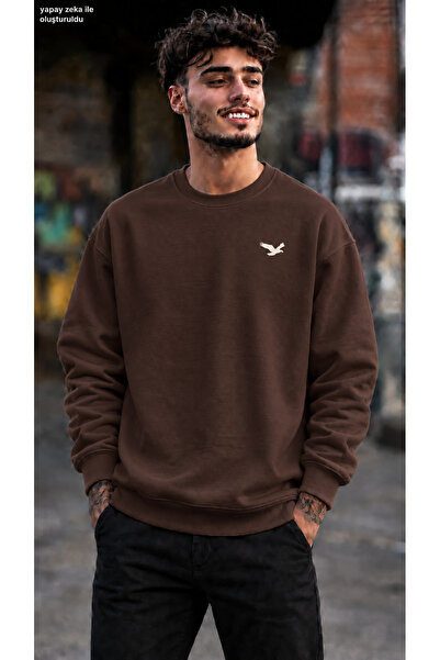caddekombin Men's Minimal Tan Eagle Figure Printed Crew Neck Casual Regular F...