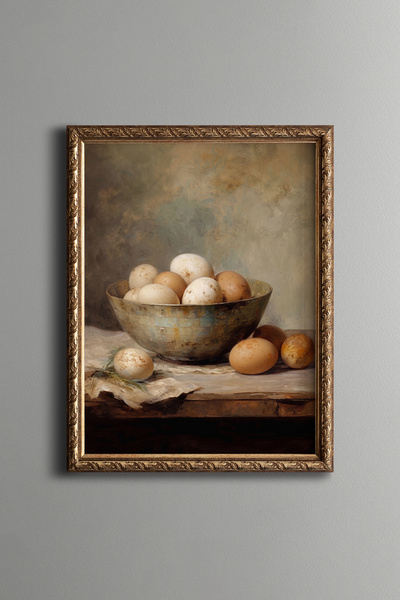 epiqart Eggs in a Rustic Bowl - Vintage Patterned Painting - Fine Model