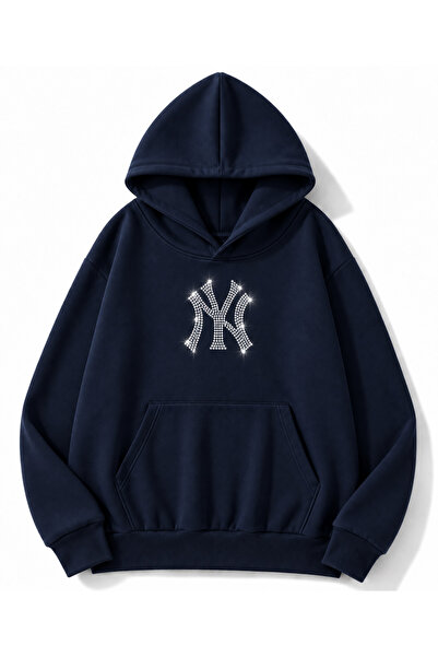 MOONBULL Unisex NY Taş Baskılı 3 İplik Kışlık Kapüşonlu Kanguru Cepli Oversiz...