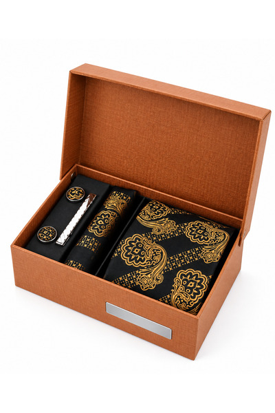 RM Set cravata lux pentru bărbați, negru cu auriu, cutie cadou premium