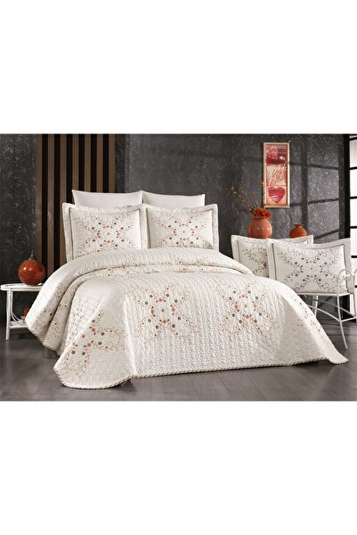 Destan Home Double Embroidered Quilted Dowry Bedspread Set Cream