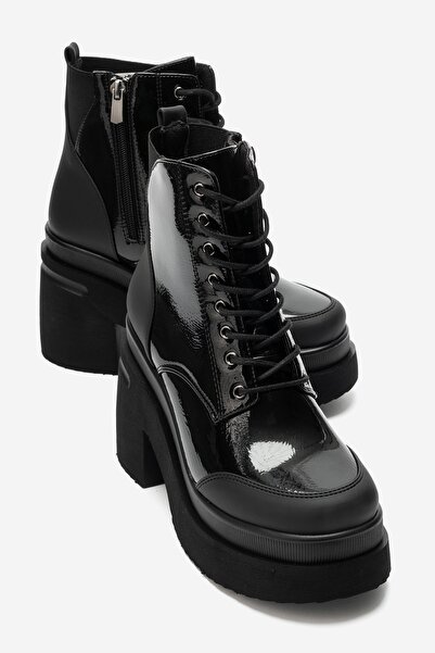 LuviShoes NORTON Siyah Rugan Bağcıklı Fermuarlı Kadın Platform Topuklu Bot