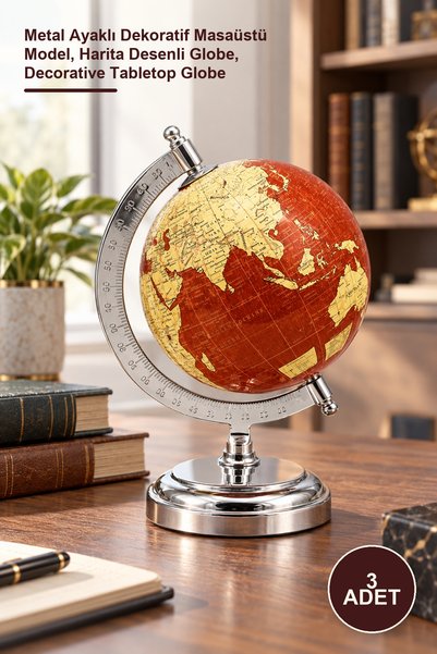 Yenilig 3 Adet Dünya Küre – Metal Ayaklı Dekoratif Masaüstü Model, Harita Desenli Globe, Decorative Tabletop Globe