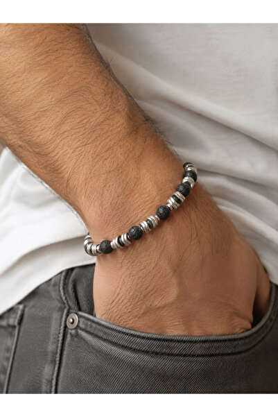 Valmont Black Lava Stone Men's Bracelet – Stylish and Modern Design with Meta...