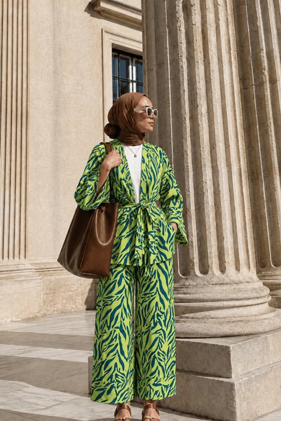 Hepsi Moda Floral Pattern Kimono Set with Pants - Turquoise & Pistachio Green