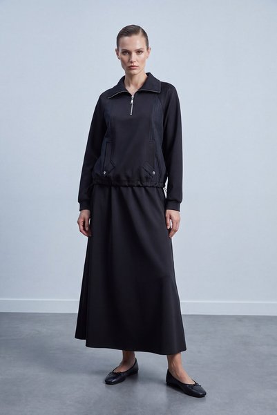 Puane Polo Yaka Fermuarlı Sweatshirt Etek Takım Siyah