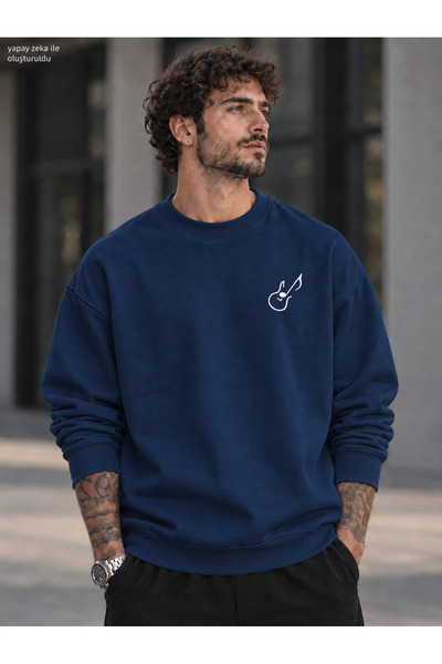 caddekombin Men's Chest Emblem Guitar Note Line Graphic Printed Crew Neck Cas...