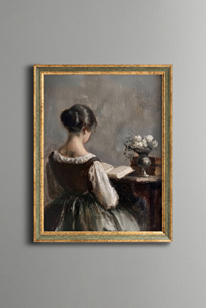 epiqart Young Woman Reading a Book - Vintage Patterned Painting - Slim Model
