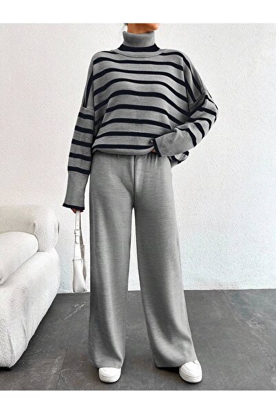 herkesemoda Kadın Gri Balıkçı Yaka Oversize Triko Takım