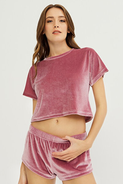 Cottonhill Set damă tricou și short din catifea, Roz Pudra