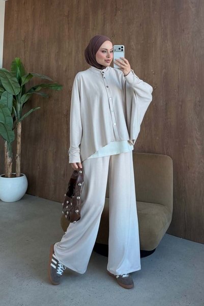 Şule Giyim Leaf Bat Double Set Beige