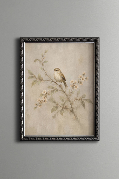 epiqart Little Sparrow on a Blooming Branch - Vintage Patterned Painting - Fi...