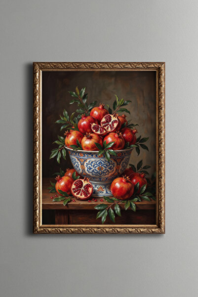 epiqart Pomegranates in Blue Chinoiserie Bowl - Vintage Patterned Painting - ...