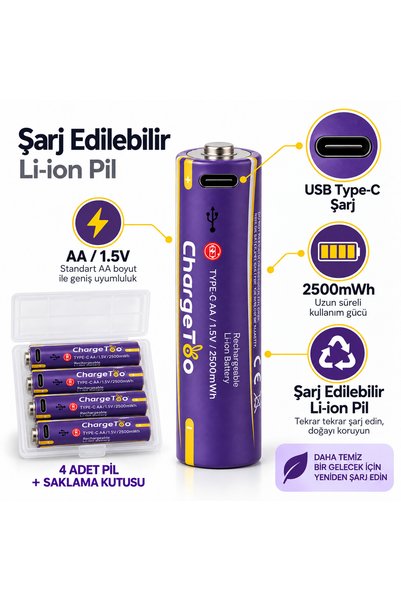 Charge Too Type-C Şarj Edilebilir AA Kalem Pil 1.5V 2500mWh 4'lü