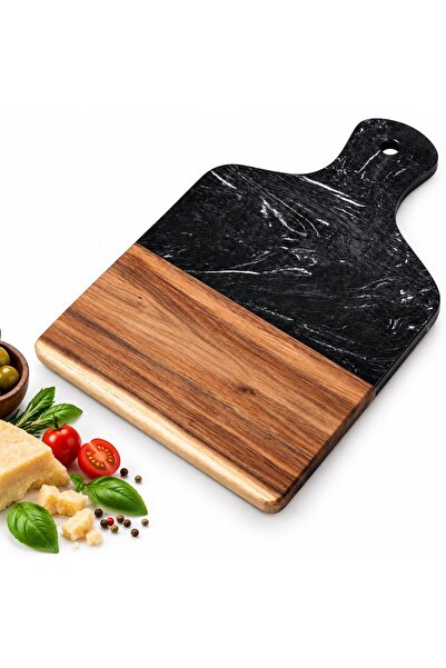 AUROV AV Tocator din Lemn si Piatra Naturala, Platou de Servire, 33,5x21,5 cm, Negru/Maro