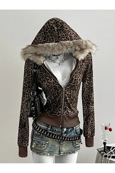 Toum Leopard Detailed Fur Hooded Zippered Sweatshirt Cardigan