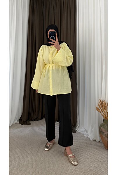 Hepsi Moda Biye Kemerli Çizgili Tunik - Sarı