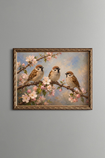 epiqart Three Sparrows on a Spring Branch - Vintage Patterned Painting - Fine...