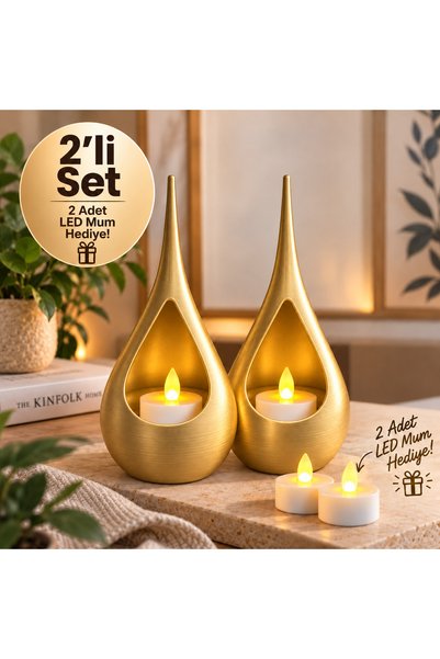 PİYATECH 2’li Dekoratif Mumluk Seti – Modern Teardrop Tasarım, 2 Adet LED Mum...