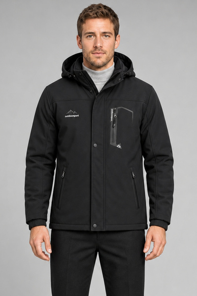 Montland Men's Black Hooded Softshell Coat with Fur Inside, Water and Wind Re...