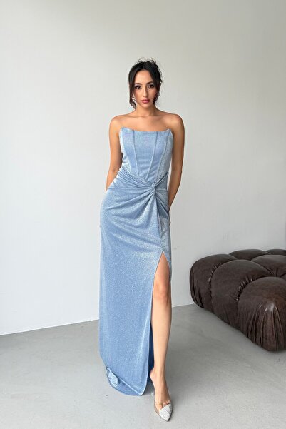Serica Moda Bebe Mavi Straplez Balenli Simli Uzun Abiye Elbise