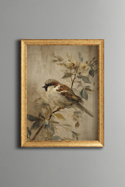 epiqart Sparrow on a Leafy Branch - Vintage Patterned Painting - Fine Model