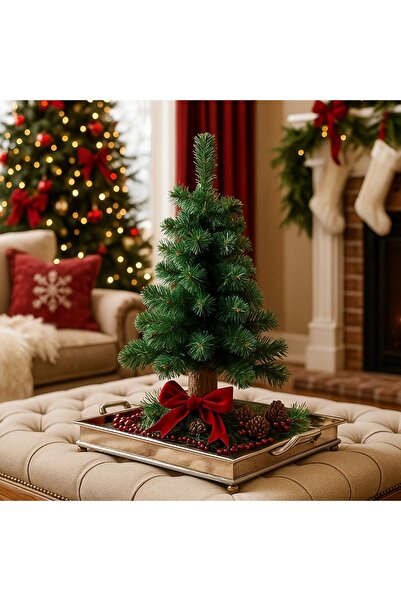 Ornament24 Mini brad artificial decorativ pentru Craciun, suport din lemn, or...