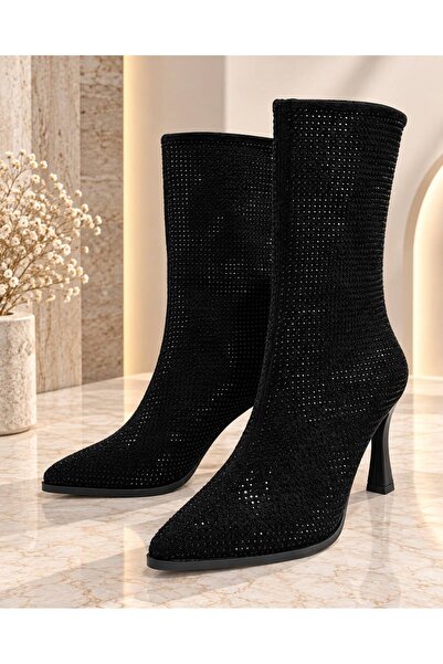 RoseVeno Women's Black Suede Stone Pointed Toe Back Zipper Boots 9cm Heel