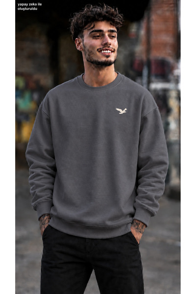 caddekombin Men's Minimal Tan Eagle Figure Printed Crew Neck Casual Regular F...