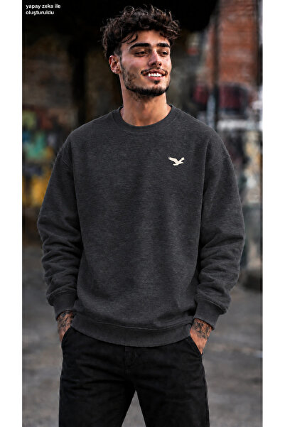 caddekombin Men's Minimal Tan Eagle Figure Printed Crew Neck Casual Regular F...