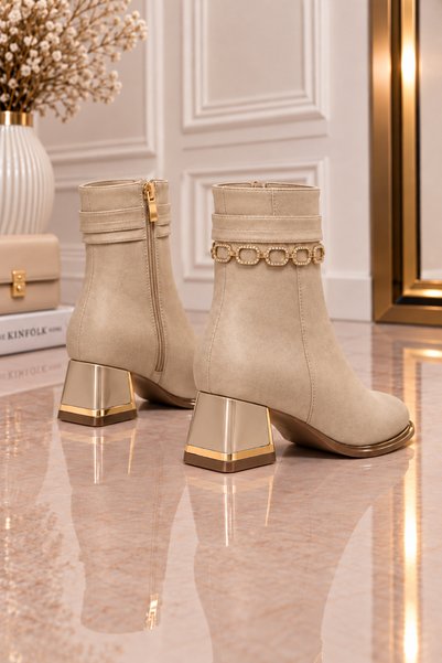 NOBLE TREAD SHOES Women's Short Boots with Chain Detail, Zipper, Short Heel, Stylish Daily Ankle Boots