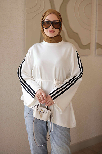 İmajButik Ecru Waist Tie Striped Sweatshirt
