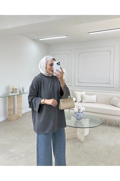 Moda Aydın Butik سترة نسائية أساسية كبيرة الحجم - لون أنثراسايت