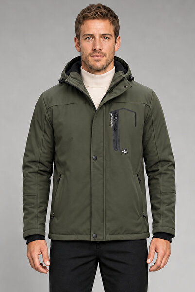 Montland Men's Khaki Hooded Fur-Lined Water and Wind-Resistant Softshell Coat