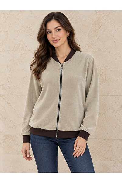AGORATEKSTİL Women's Italian Zippered Pocketless Velvet Jacket 42-46