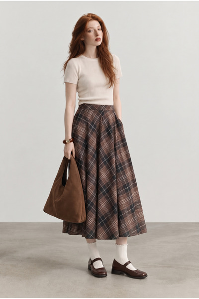 Babushka Brown Plaid Midi Skirt with Pockets