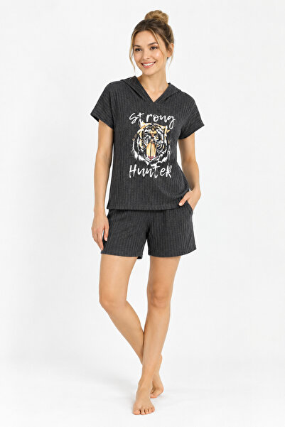 lindros Pijama damă gri „Strong” din bumbac, tricou cu glug