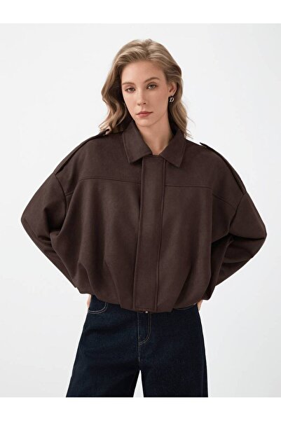 Orions Collection Women's Suede Jacket Bitter Brown Oversize Bomber Jacket wi...