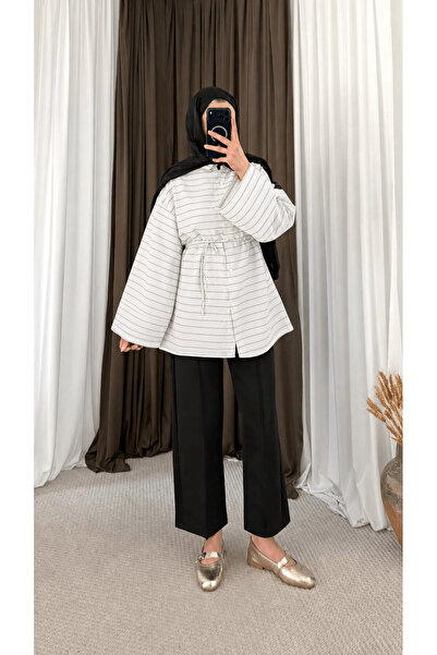 Hepsi Moda Biye Kemerli Çizgili Tunik - Beyaz