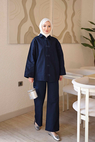 İmajButik Navy Blue Piping Buttoned Jacket and Trousers Gabardine Suit